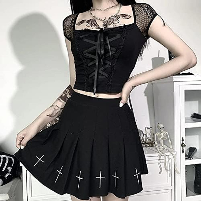 Pleated Mini Skirt Black Cross Embroidery